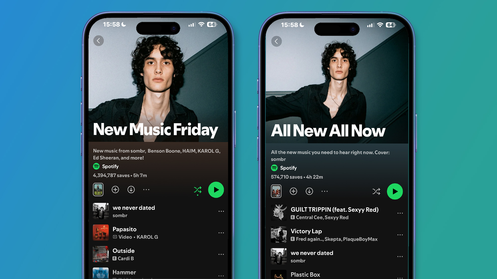 Screenshots of Spotify's New Music Friday and All New All Now playlists