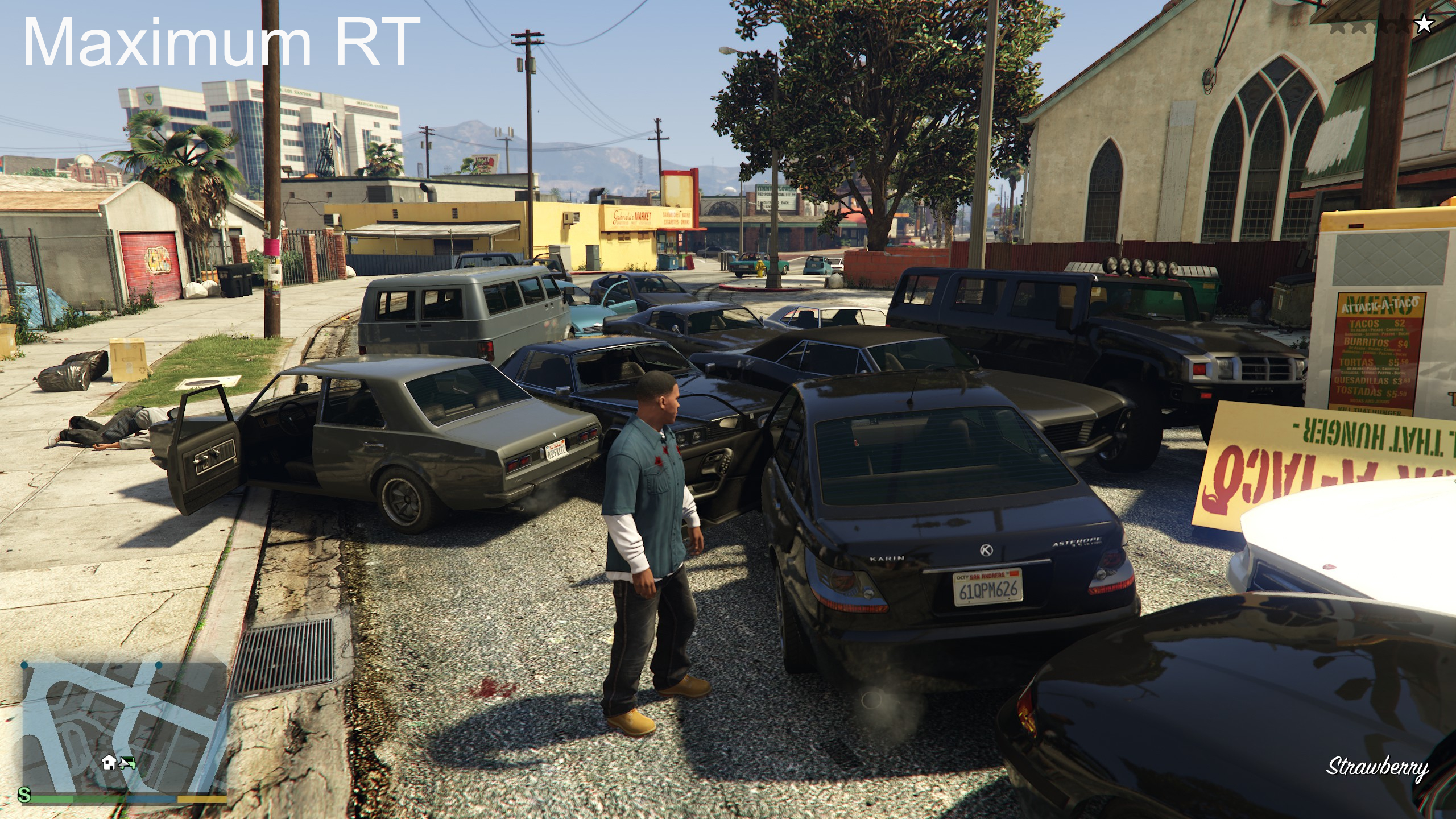 A screenshot taken in GTA 5 Enhanced edition showing a street scene with multiple cars at Maximum RT settings