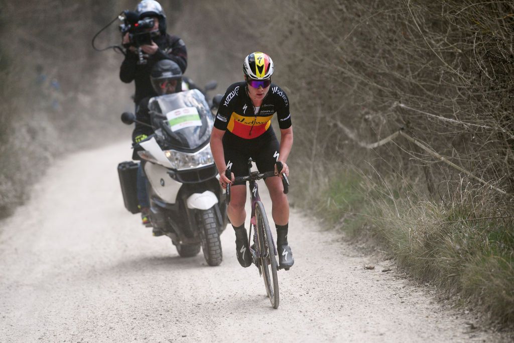SIENA ITALY MARCH 05 Lotte Kopecky of Belgium and Team SD Worx competes in the breakaway during the Eroica 8th Strade Bianche 2022 Womens Elite a 136km one day race from Siena to Siena Piazza del Campo 321m StradeBianche on March 05 2022 in Siena Italy Photo by Luc ClaessenGetty Images