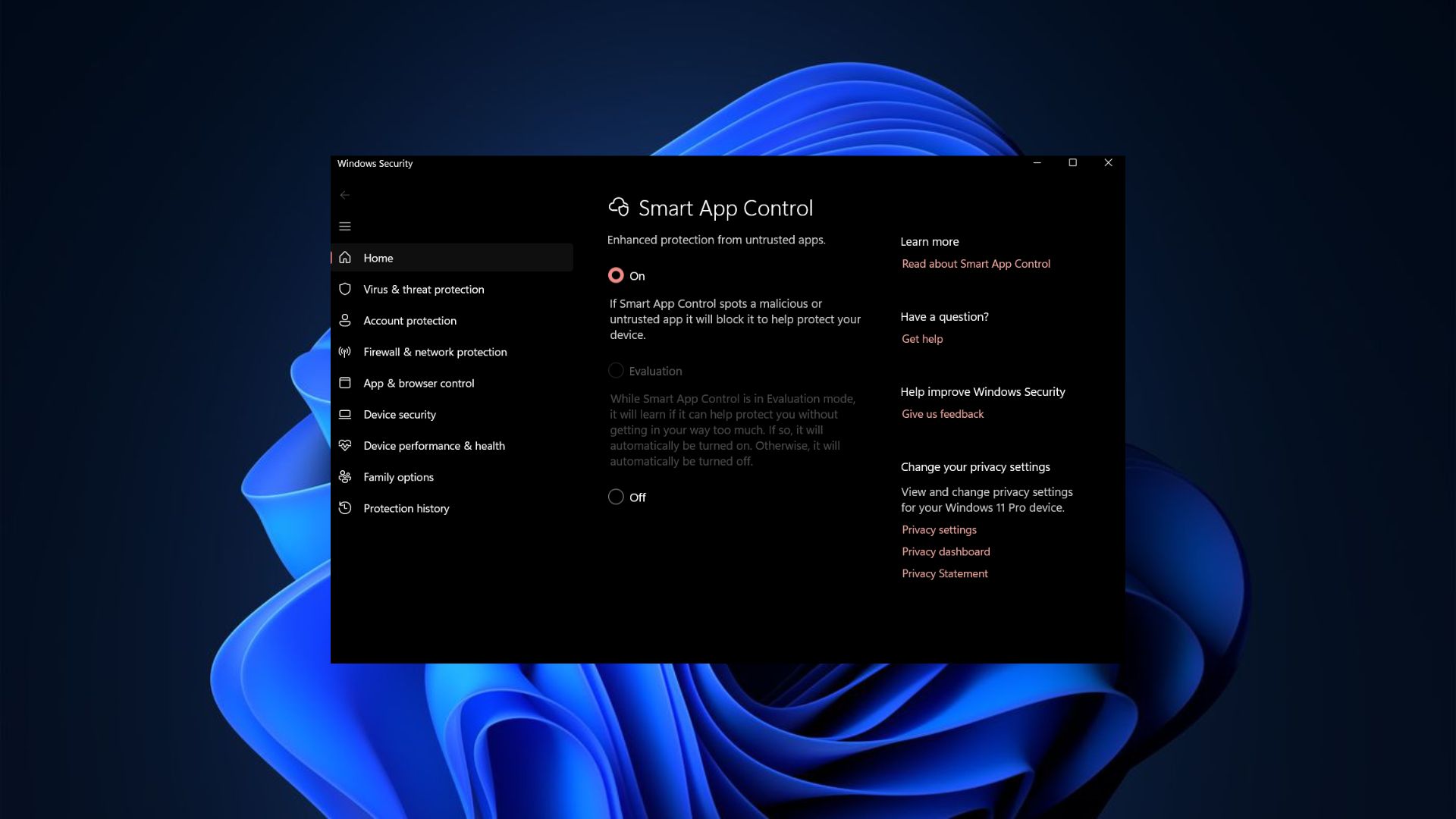 Windows Security interface featuring Smart App Control settings on a dark background. The blue abstract design adds a modern, secure feel.