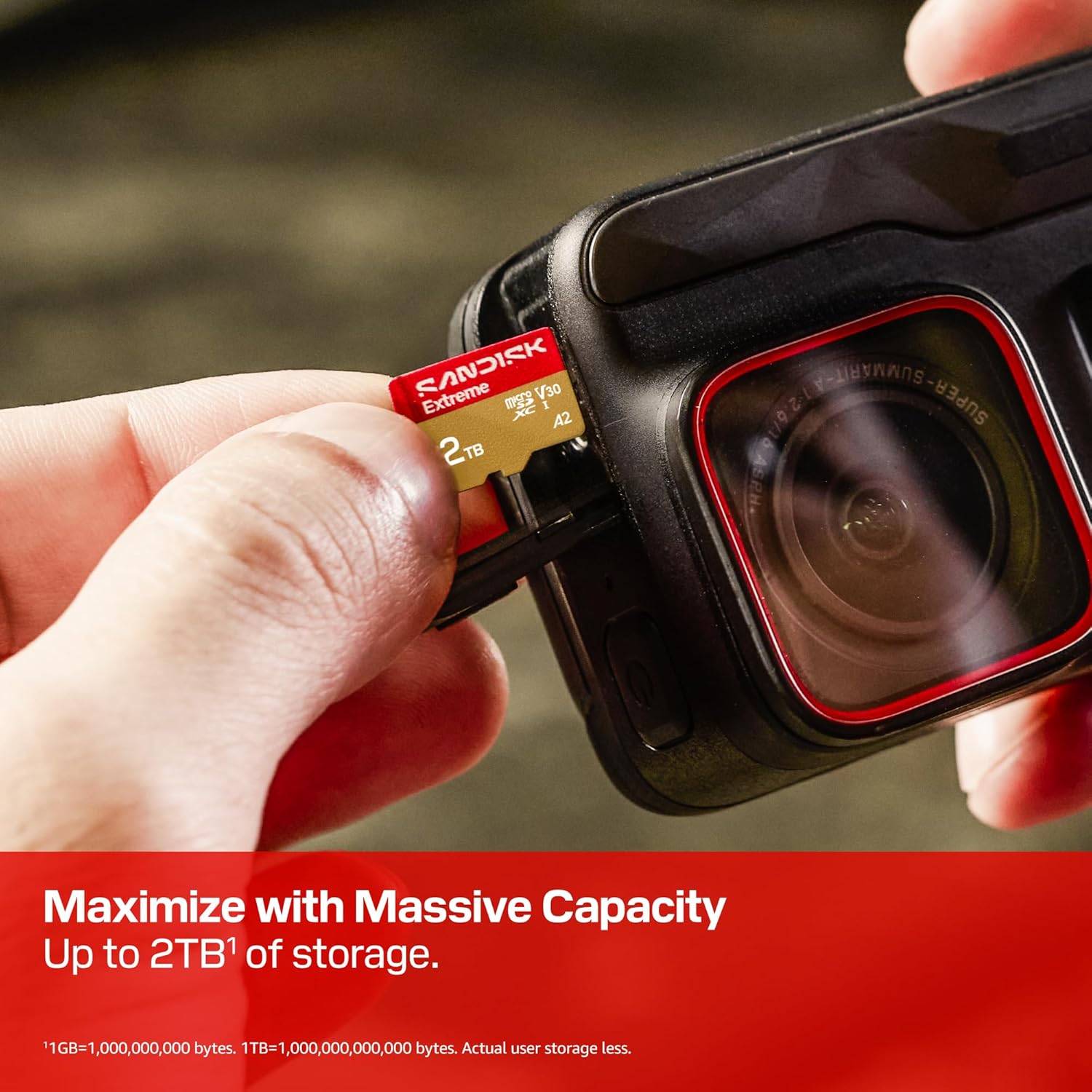A hand inserts a SanDisk Extreme 2TB microSD card into a camera, highlighting storage capacity. Bold red text below reads, "Maximize with Massive Capacity."