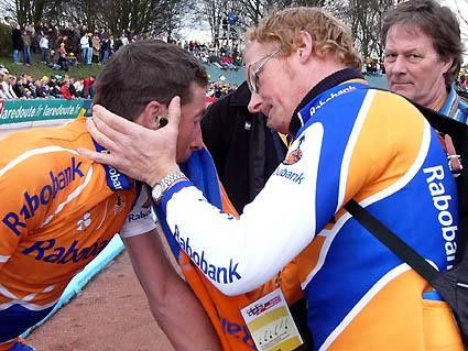 Juan Antonio Flecha (Rabobank) is treated by a soigneur in Roubaix.
