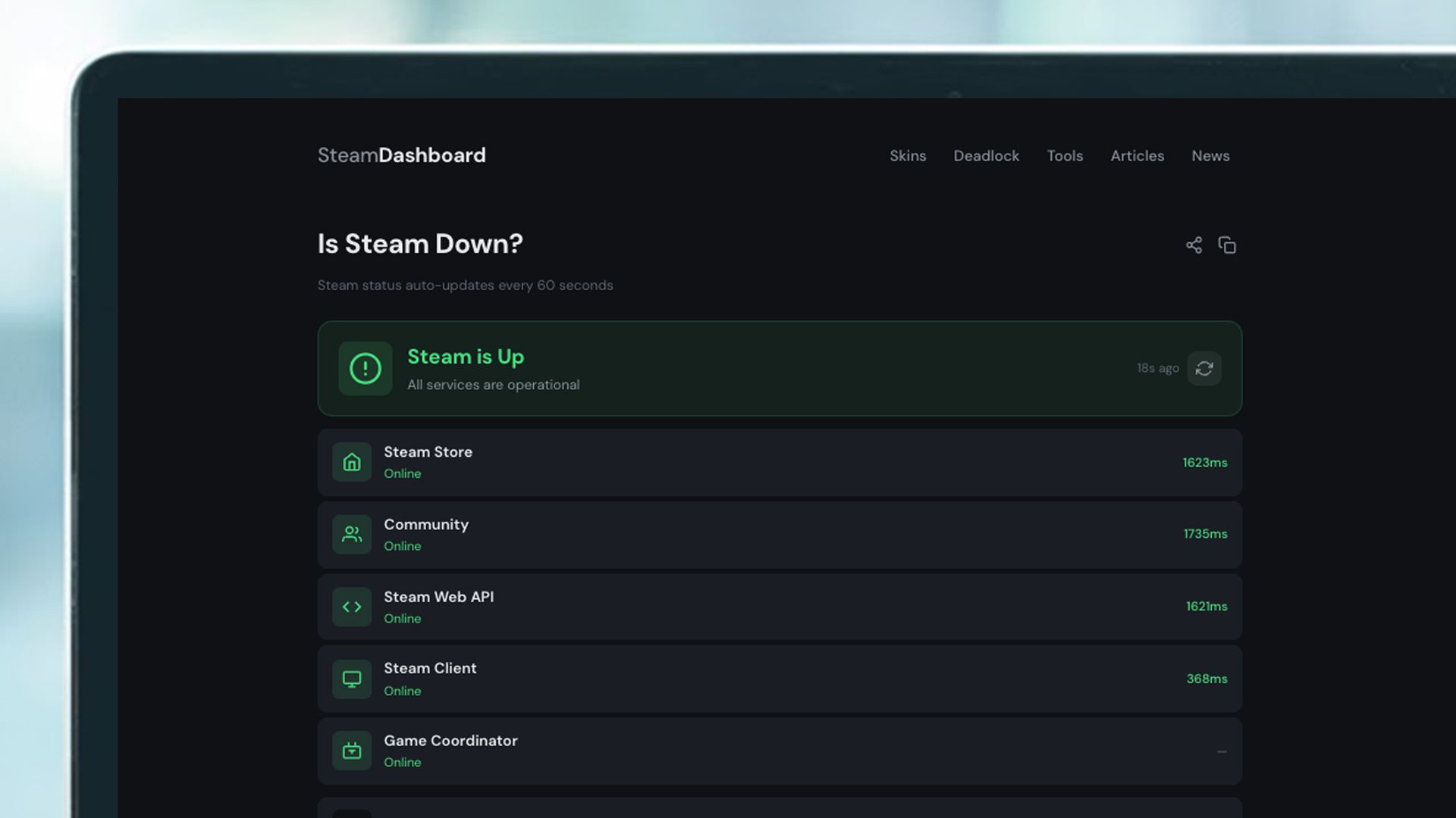 A laptop screen showing the Steam dashboard