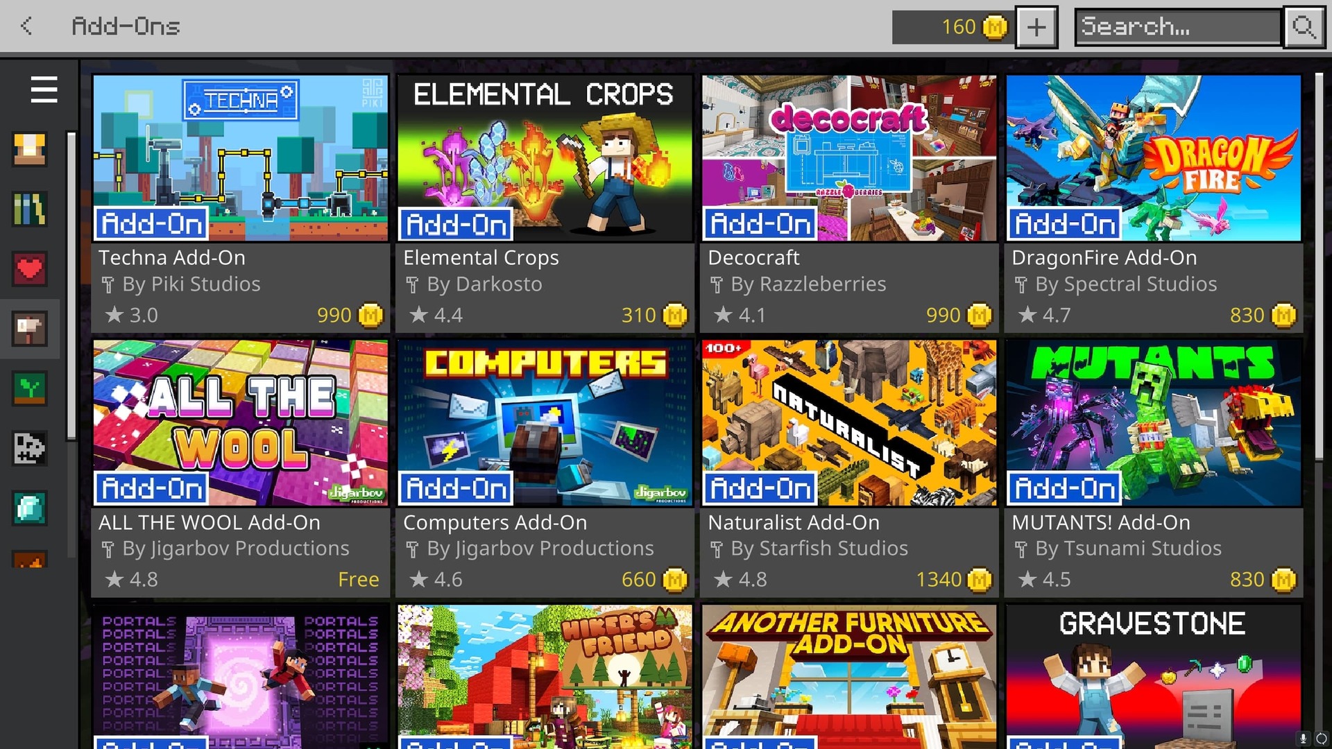 Captura de pantalla de Minecraft de complementos en el mercado