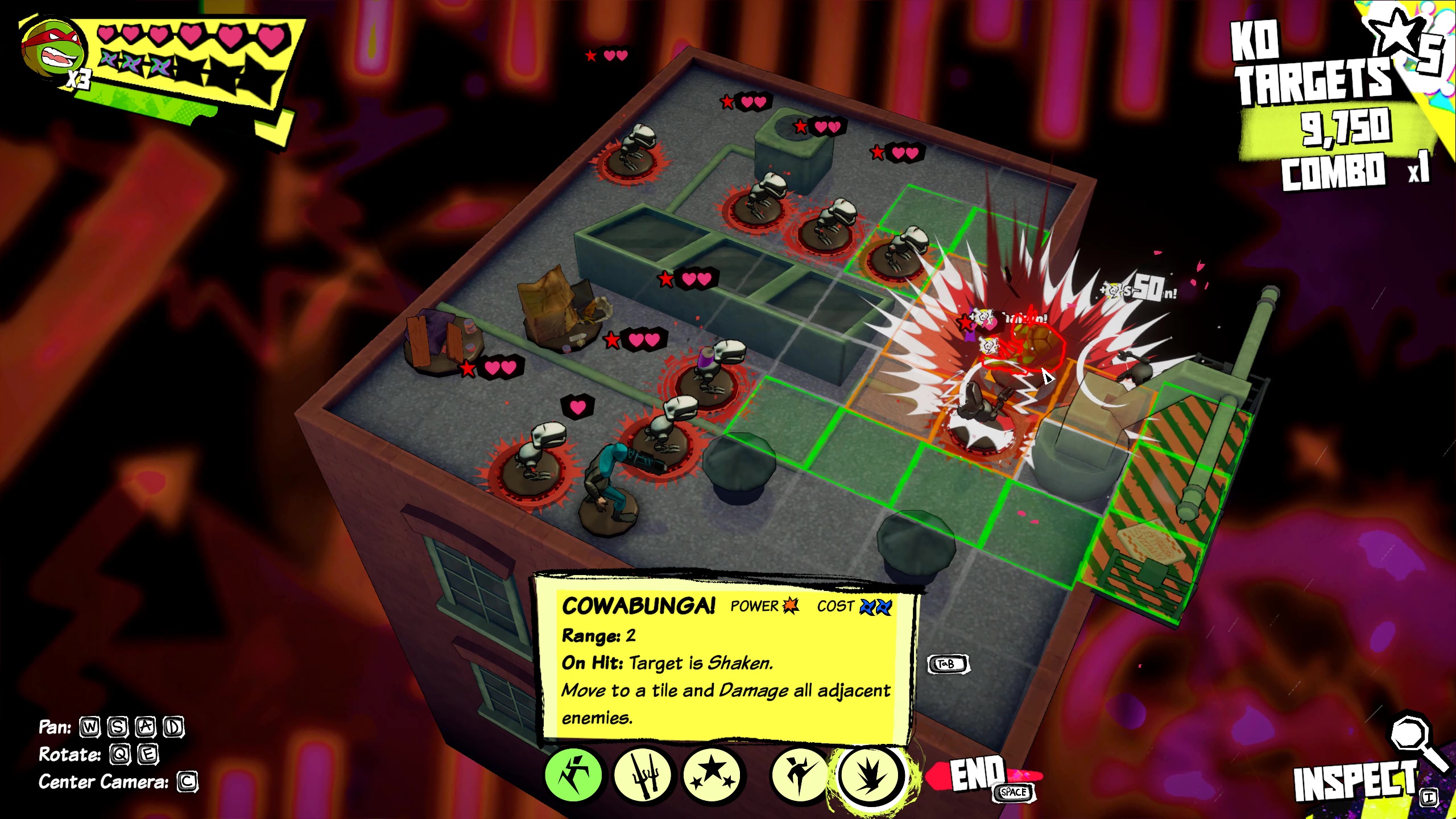 Raphael uses the Cowabunga move to do AOE damage to several enemies at once on a rooftop in Teenage Mutant Ninja Turtles: Tactical Takedown