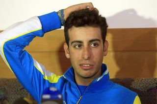 Fabio Aru talks with media during a rest day press conference.