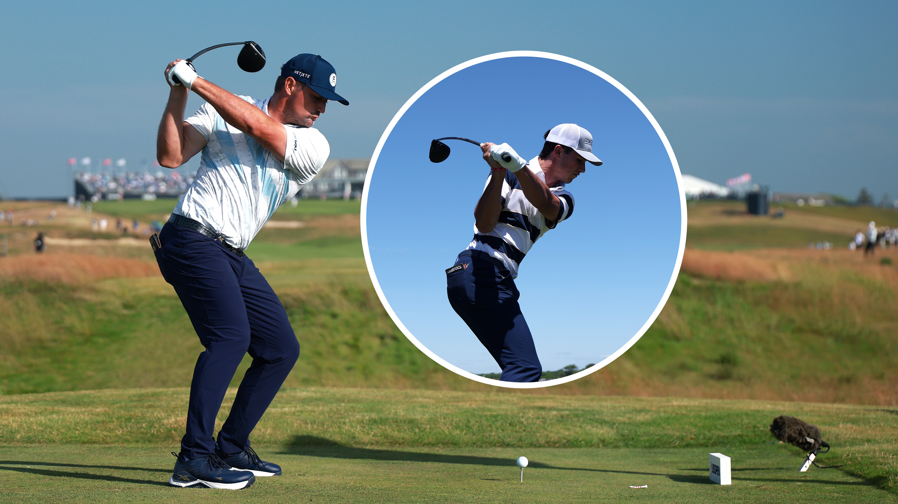 Bryson DeChambeau at the top of backswing with driver at the US Open, with an inset image of big-hitting amateur Marek Fleming hitting driver at the US Open