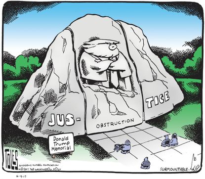Political cartoon U.S. Trump obstruction of justice memorial Comey testimony