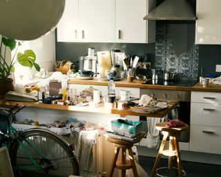 Cluttered apartment kitchen