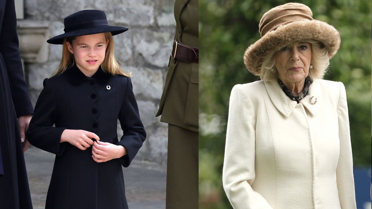 Queen Camilla wearing a white coat and fur hat standing next to Princess Charlotte wearing a black coat and hat