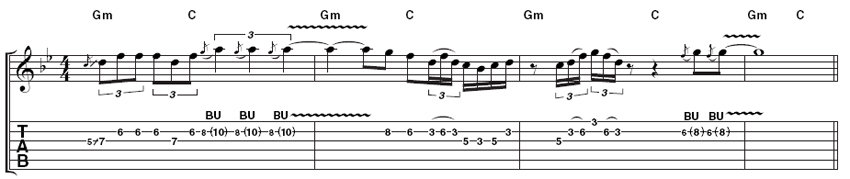 Example 2: Here's another option over the same chords, emphasising Rory's fondness for staccato bursts and strong vibrato. Again, don't be afraid to take liberties with the timing. Attacking a phrase early or being laid back and late is often the key ingredient of Rory's style.