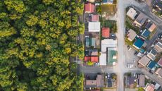 Aerial view of road intersection - stock photo