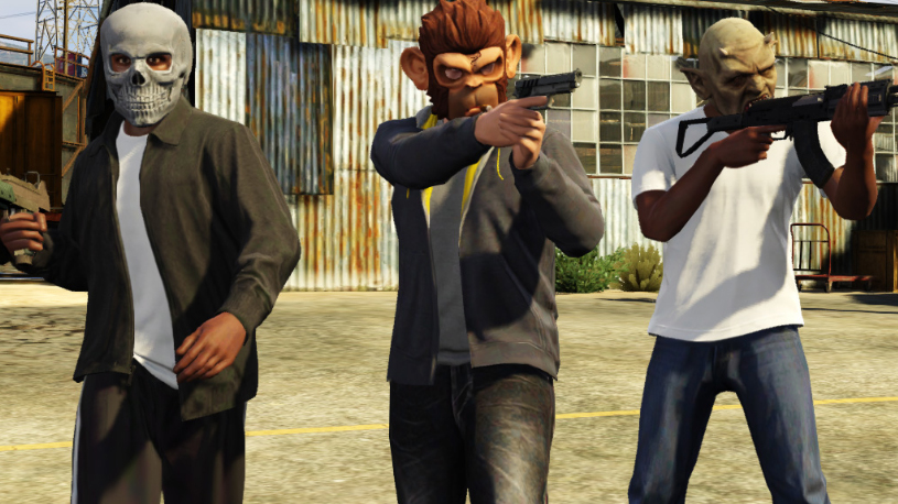 Three characters pointing guns at something off-screen