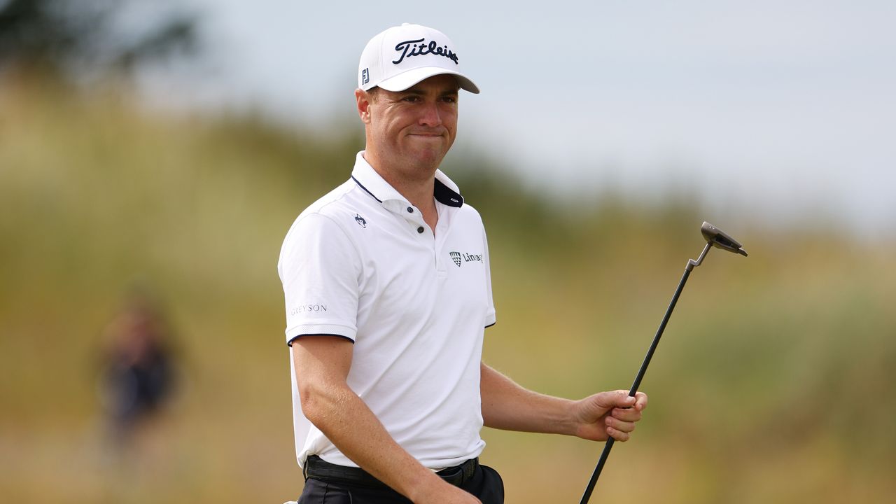 Justin Thomas of the United States reacts to birdie putt on the 10th green during day one of the Genesis Scottish Open at The Renaissance Club on July 11, 2024 in North Berwick, Scotland.