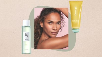 A beige backdrop with a model with glowing skin and curly dark hair and a bottle of beauty of joseon toner and glowery oil cleanser