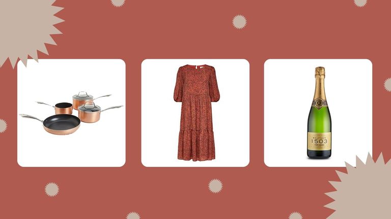 three of the products in the Marks & Spencer Black Friday sales on a rust background with festive beige star pattern
