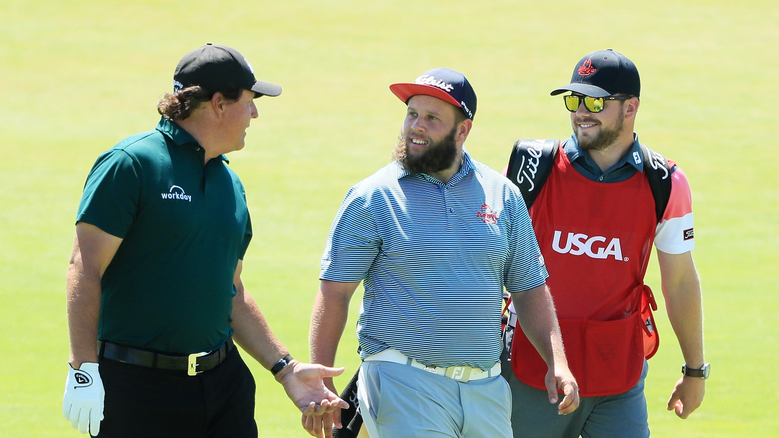 Phil Mickelson explaining why he hit a putt that was still moving at the 2018 US Open alongside playing partner Andrew Beef Johnston