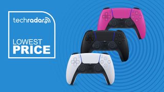 A white, pink, and black Dualsense controller on a blue background with lowest ever price badge