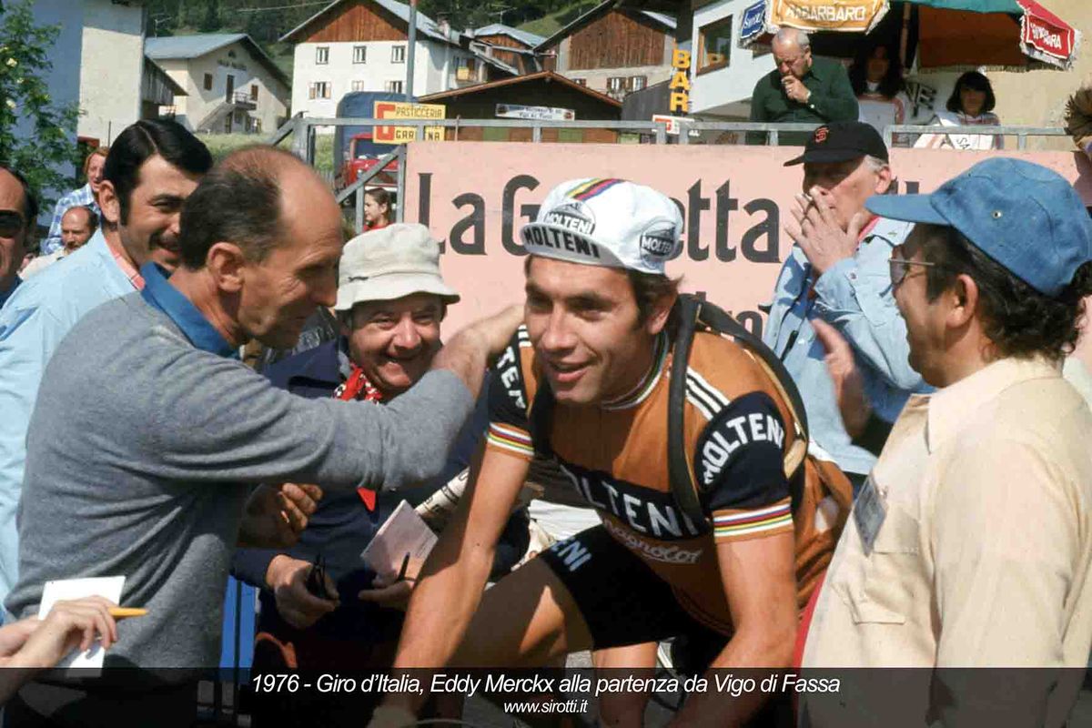Eddy Merckx is cheered by the tifosi at a stage start of the 1976 Giro d'Italia