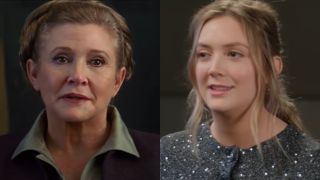 From left to right: Carrie Fisher as Princess Leia in Star Wars and Billie Lourd in an interview with Turner Classic Movies. 