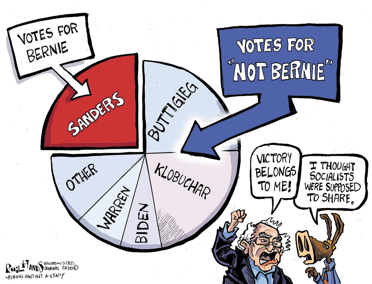 Political Cartoon U.S. Bernie Sanders Pete Buttigieg Democrats 2020 primaries socialists frontrunner