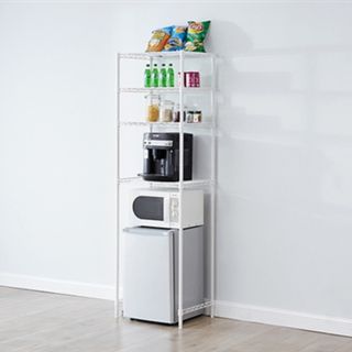 White storage unit with mini fridge and microwave