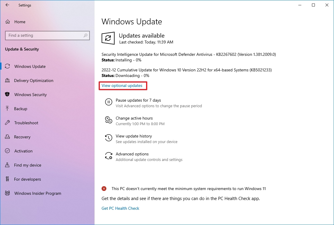 Opção de atualizações opcionais do Windows 10 para drivers
