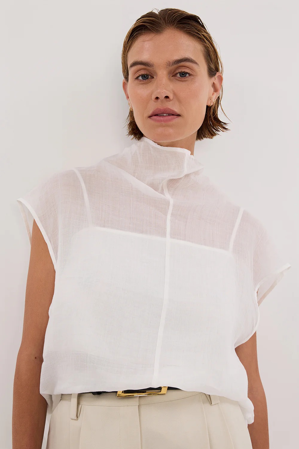 Carmel Black Ramie Sheer Funnel Neck Top