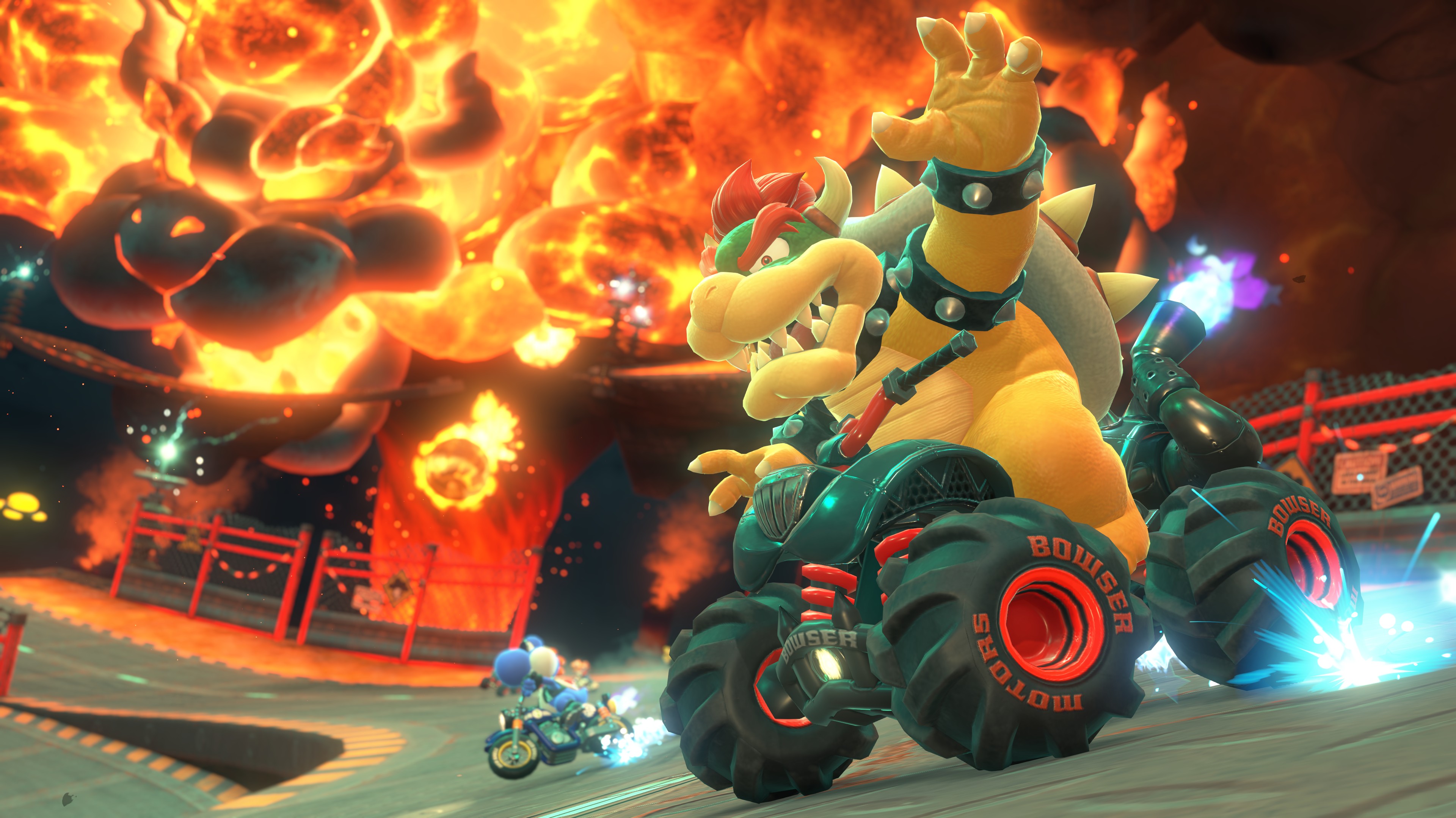 Bowser drifts round a corner in a Mario Kart World screenshot