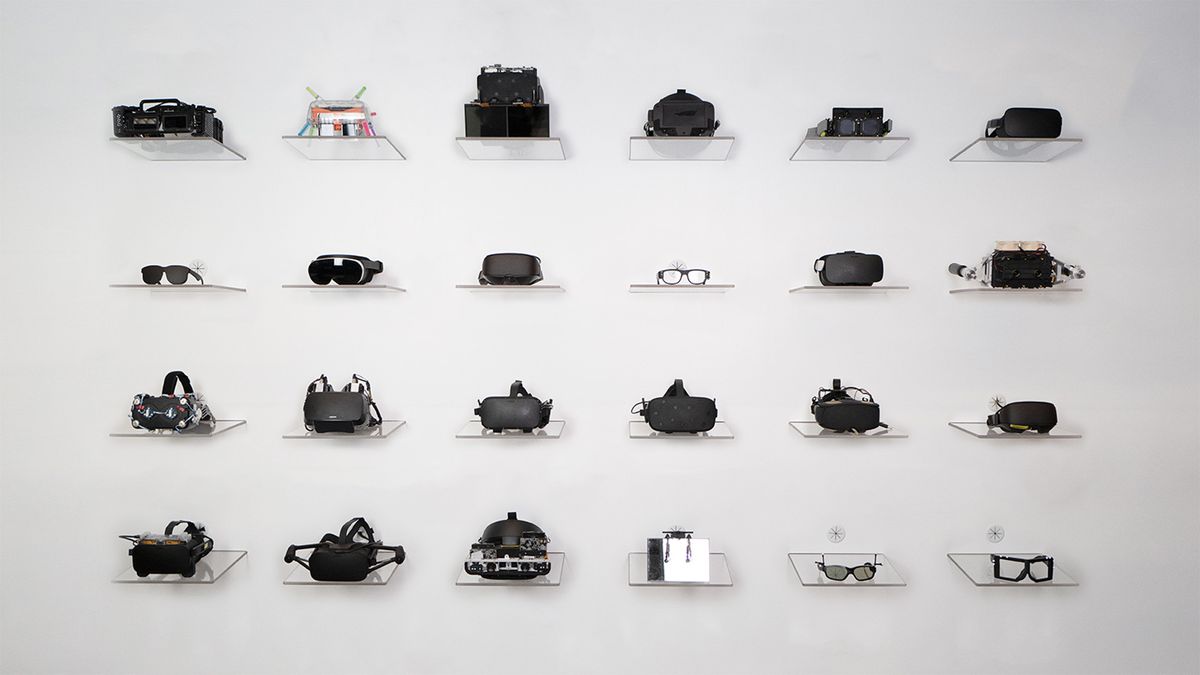 Wall of VR prototypes at Meta&#039;s Reality Labs