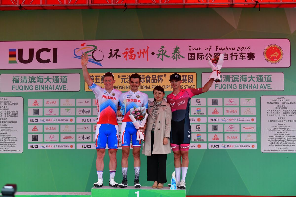 The podium: Russians Lev Gonov and Gleb Syritsa and Australia's Blake Quick