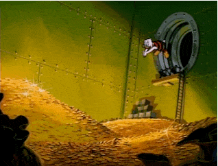 Scrooge Mcduck diving into a vault of gold coins gif