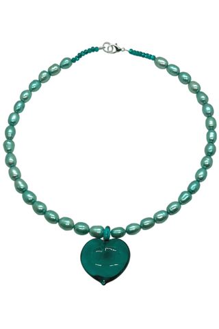 green pearls strand with green glass heart charm
