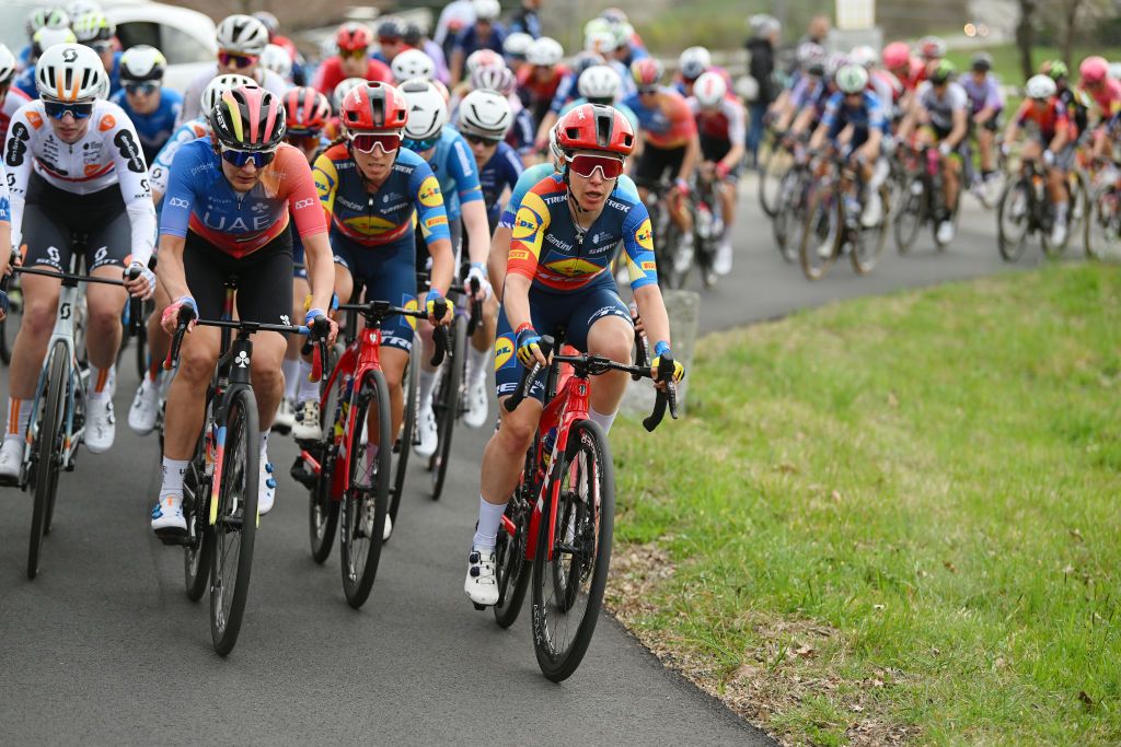 CITTIGLIO ITALY MARCH 17 LR Pfeiffer Georgi of Great Britain and Team Roland Alena Amialiusik of Belarus and UAE Team Adq Shirin Van Anrooij of The Netherlands and Amanda Spratt of Australia and Team LidlTrek compete during the 25th Trofeo Alfredo BindaComune di Cittiglio 2024 Womens Elite a 1405km one day race from Maccagno con Pino e Veddasca to Cittiglio UCIWWT on March 17 2024 in Cittiglio Italy Photo by Dario BelingheriGetty Images