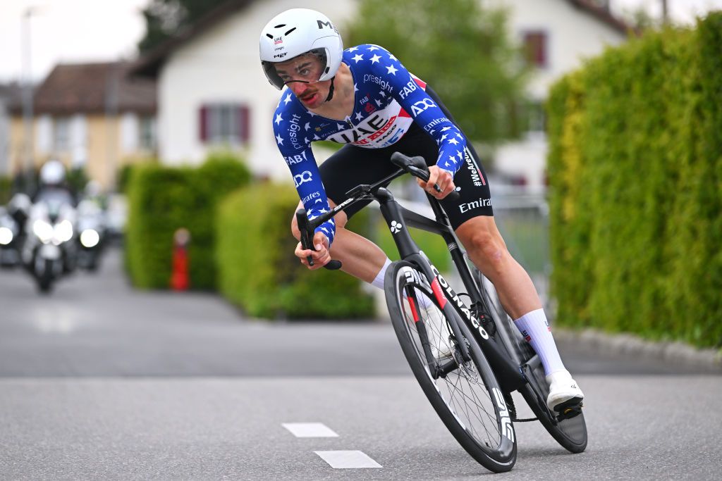 PAYERNE SWITZERLAND APRIL 23 Brandon Mcnulty of The United States and UAE Team Emirates sprints during the 77th Tour De Romandie 2024 Prologue a 228km individual time trial stage from Payerne to Payerne UCIWT on April 23 2024 in Payerne Switzerland Photo by Luc ClaessenGetty Images