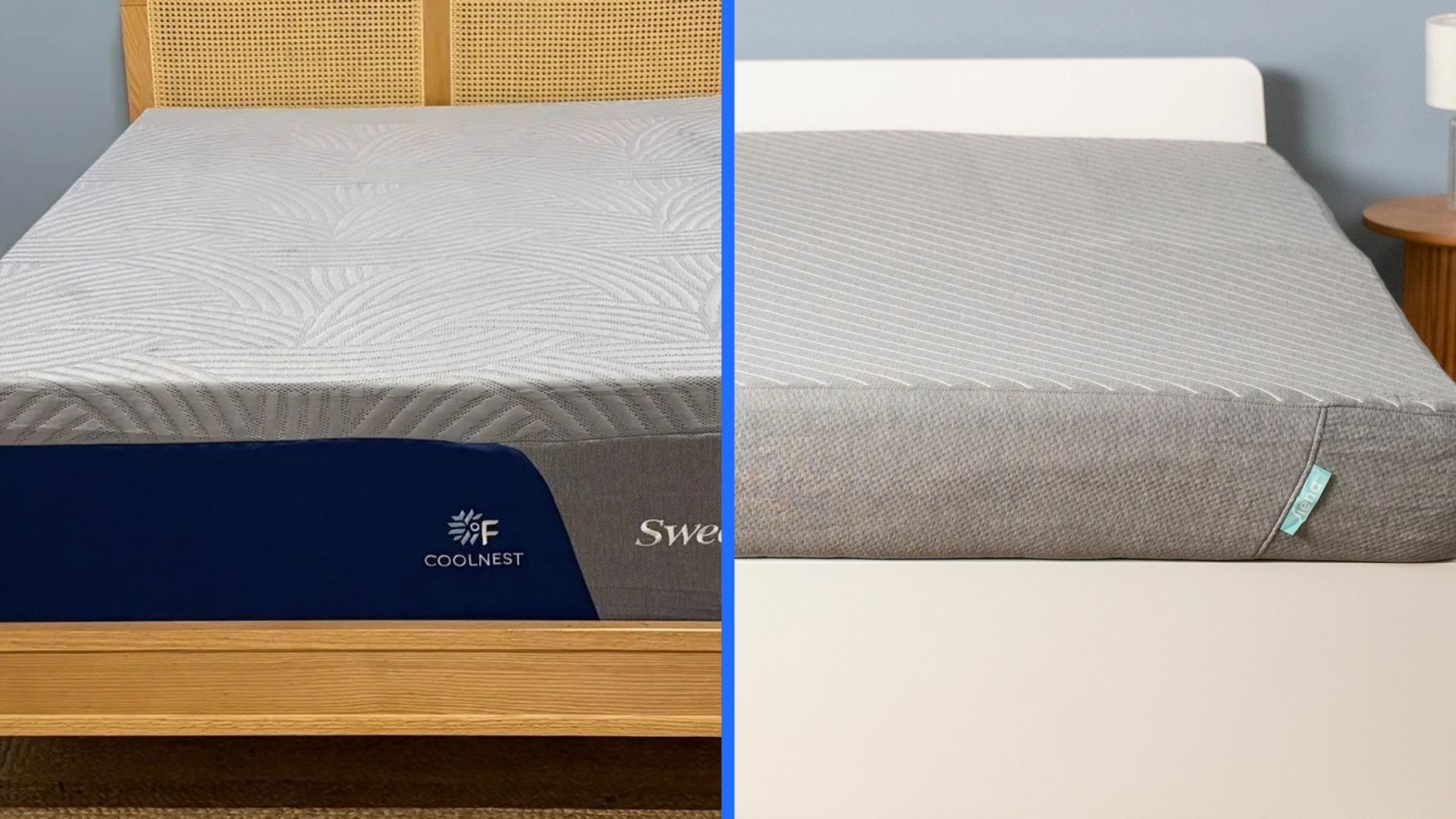 On the left, the SweetNight CoolNest Mattress on a bed frame in a bedroom. On the right, the Siena Signature mattress on a bed frame.