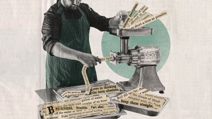 Photo collage of a ChatGPT-branded sausage machine grinding up words