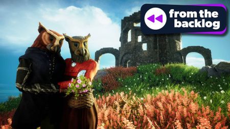 A screenshot from the game Eastshade showing two characters, lush planting, and some ruins, with TechRadar Gaming's From the Backlog' logo on top