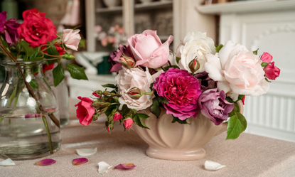 garden rose floral design in pink vintage vase