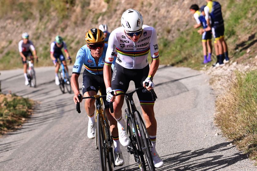 GUILHERAND-GRANGES, FRANCE - OCTOBER 05: Tadej Pogacar and Team Slovenia (R) attacks to Remco Evenepoel and Team Belgium (L) in the breakaway during the 31st UEC Road Cycling European Championships 2025 - Men&#039;s Elite Road Race a 202.5km race from Privas to Guilherand-Granges on October 05, 2025 in Guilherand-Granges, France. (Photo by Bernard Papon - Pool/Getty Images)
