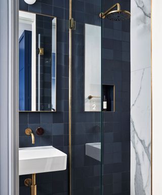 A dark blue shower design with gold hardware next to a white sink