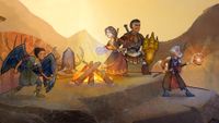Wildermyth key art: Four fantasy characters standing around a campfire
