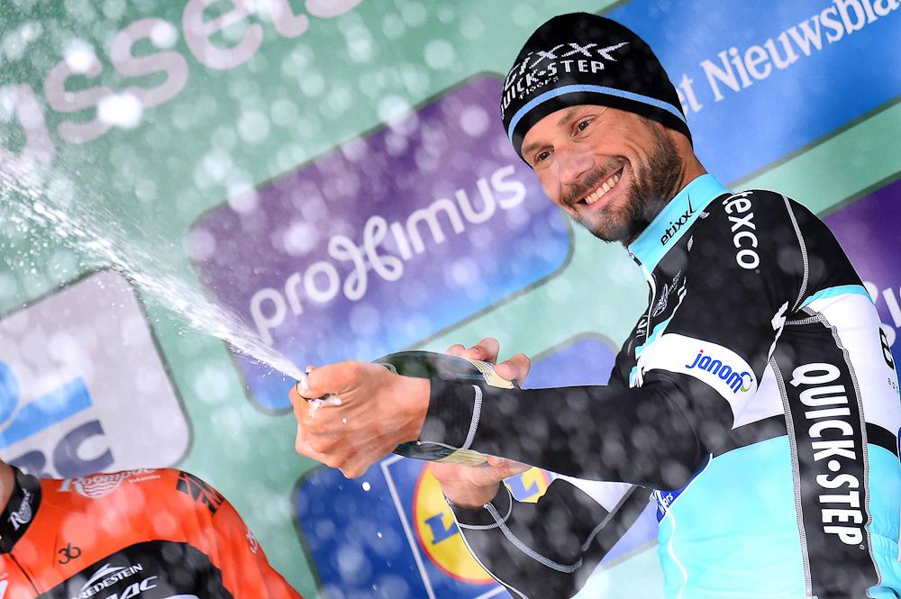 Tom Boonen celebrates on the Brussels podium.