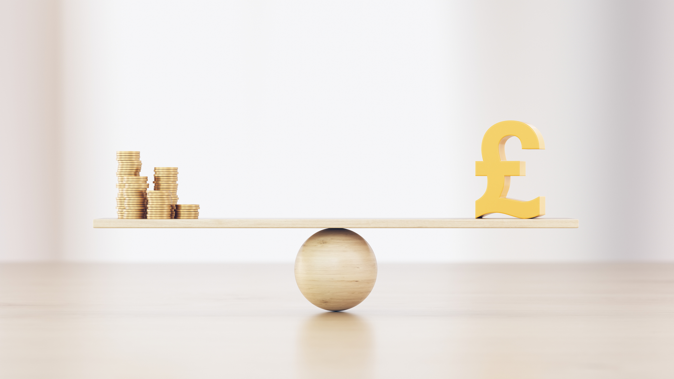 Stacks of coins and the Pound symbol on a seesaw representing balance of risk and reward in investing