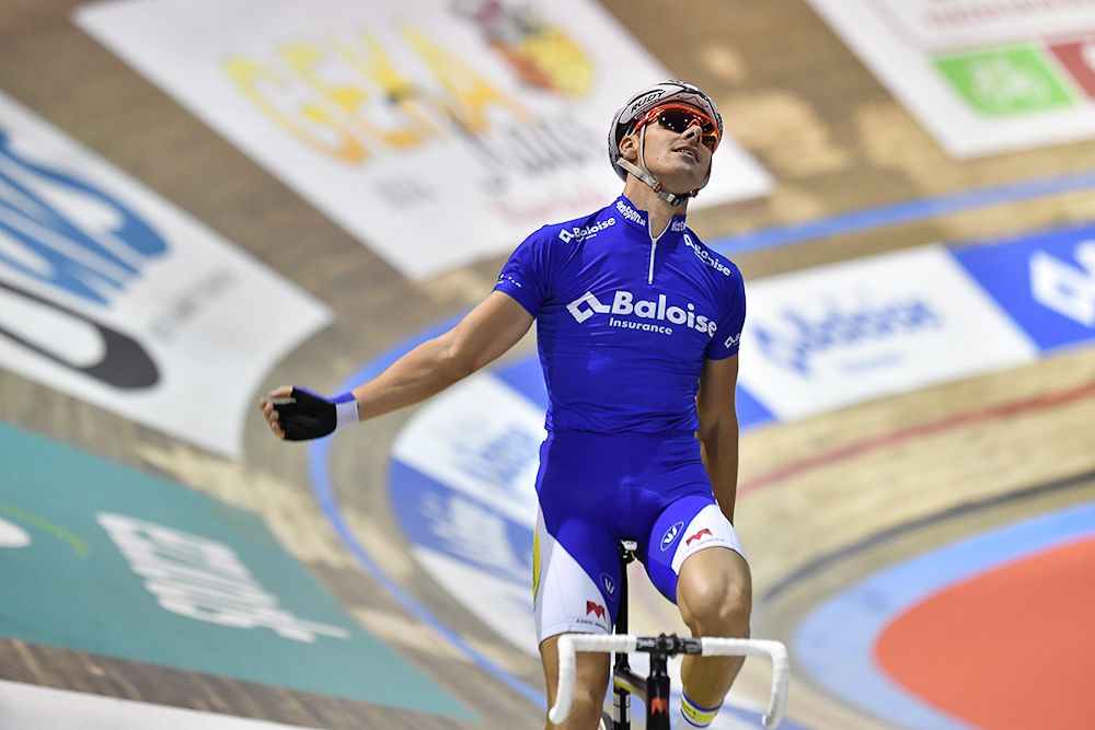 Kenny de Ketele celebrates a win during day 3 at the Gent Six Day podium