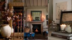 trio of images of winter mantel decor including a terracotta vase with winter foliage, lots of lit taper candles and small candles in glass jars