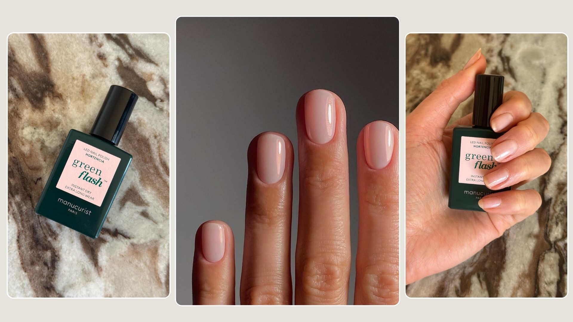 A collage featuring manicures painted with Manucurist Hortencia, a sheer pink nail polish shade