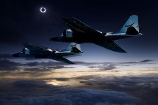 A photo illustration of the two NASA WB-57F jet planes that will chase the total solar eclipse on Aug. 21, allowing scientists to image the sun's outer atmosphere and study temperature variations on Mercury.