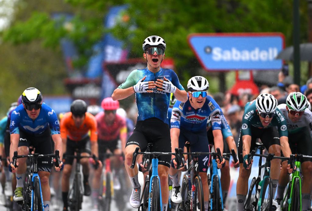 KANBO FRANCE APRIL 02 Paul Lapeira of France and Decathlon AG2R La Mondiale Team celebrates at finish line as stage winner during the 63rd Itzulia Basque Country 2024 Stage 2 a 160km stage from Irun to Kanbo UCIWWT on April 02 2024 in Kanbo France Photo by Tim de WaeleGetty Images