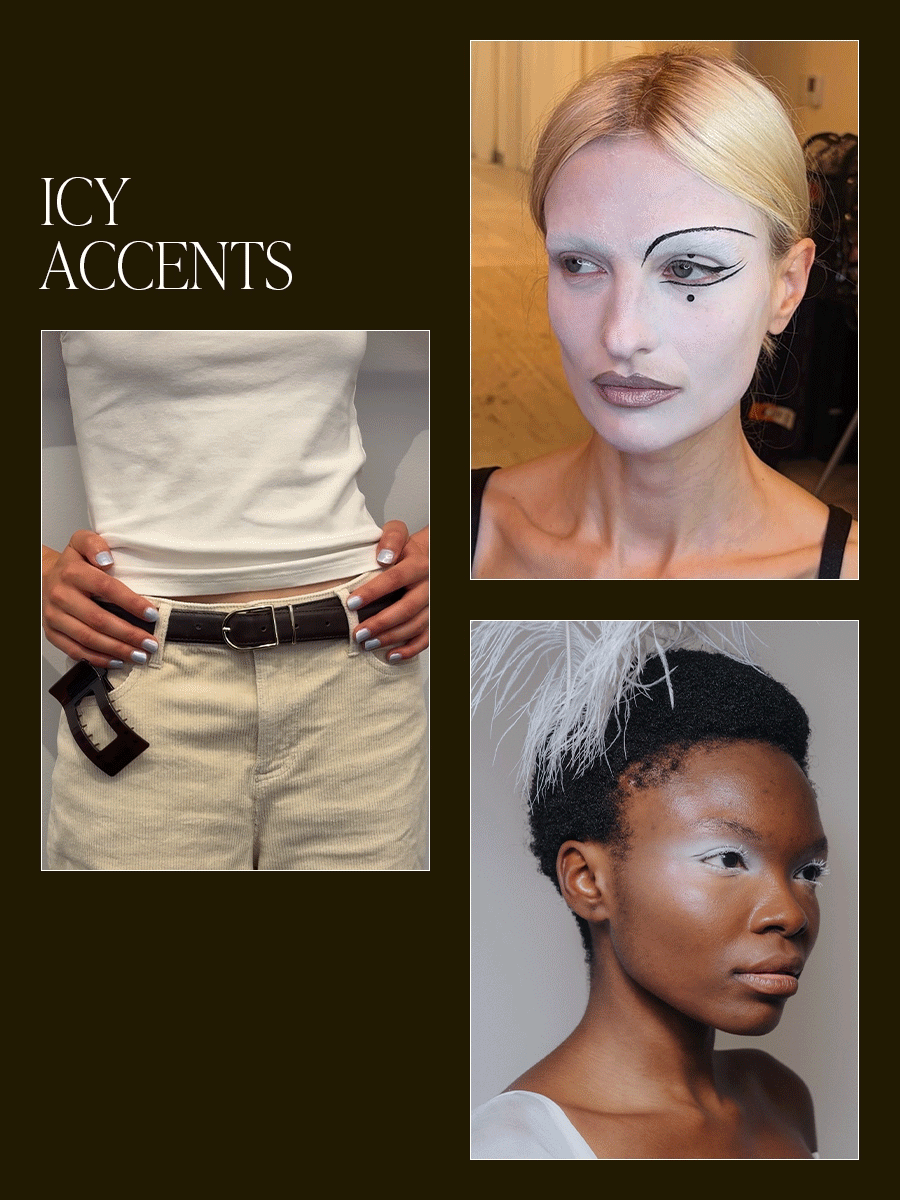 Collage of icy accents NYFW beauty trend.